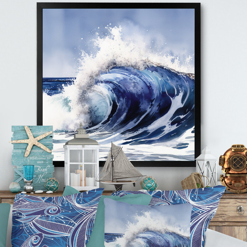 Mouvement de vagues océaniques V - plage moderne, art mural, Cadre photo noir, H 16 po x l 16 po
