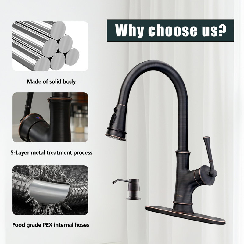 Pull-Down Kitchen Faucet With Easy Retractable Spray Head, Single Handle, High Arc Single Hole Pull-Out Kitchen Sink Faucet With Soap Dispenser.