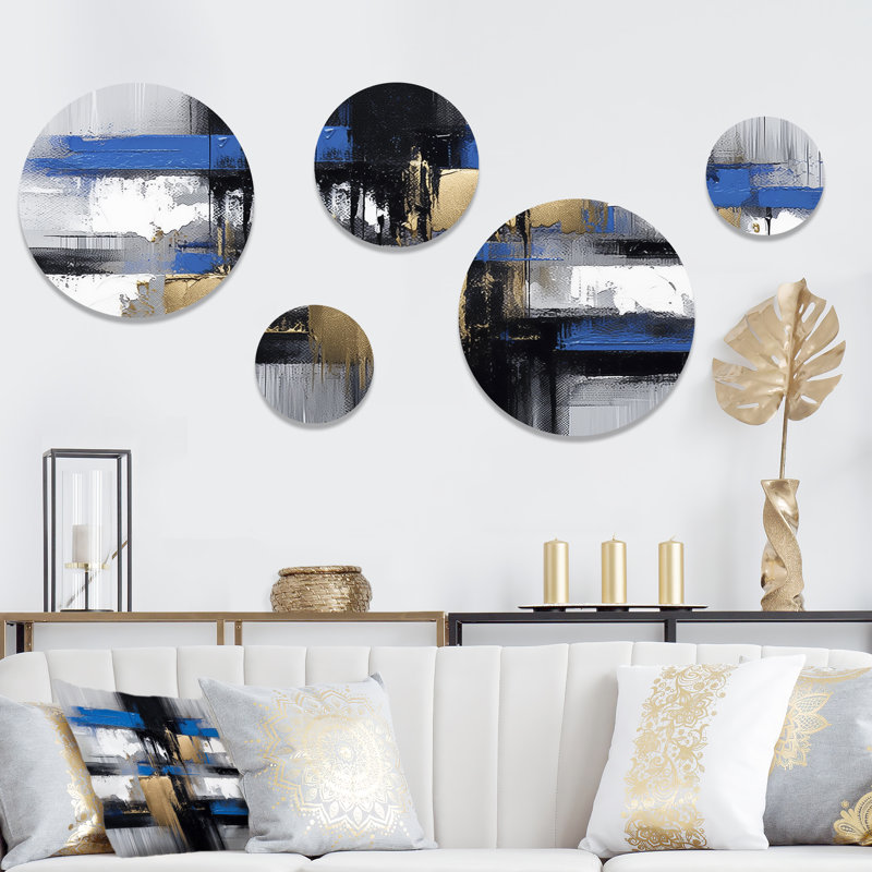 Peinture dorée et bleue Elegance I - Collages abstraits, ensemble d'art mural rond de 5