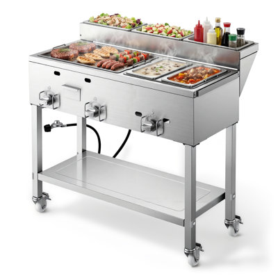 Outdoor Propane Griddle, 3 Burners (11,600 BTU Each), Commercial Stainless Steel Griddle with Two 1/3 Size Food Warming Pans, Portable Cart with 4 Lockable Wheels, for Hot Dogs, Burgers & Meats