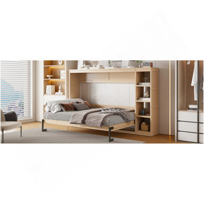 Lit escamotable double avec bibliothèque, naturel