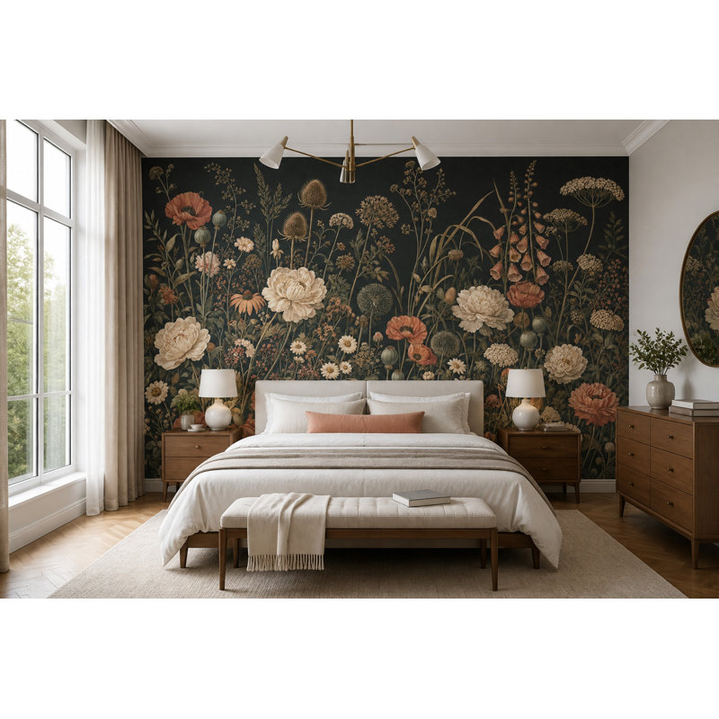 Papier peint floral foncé foncé, décoration murale amovible, 140 po x 108 po, Peler et coller