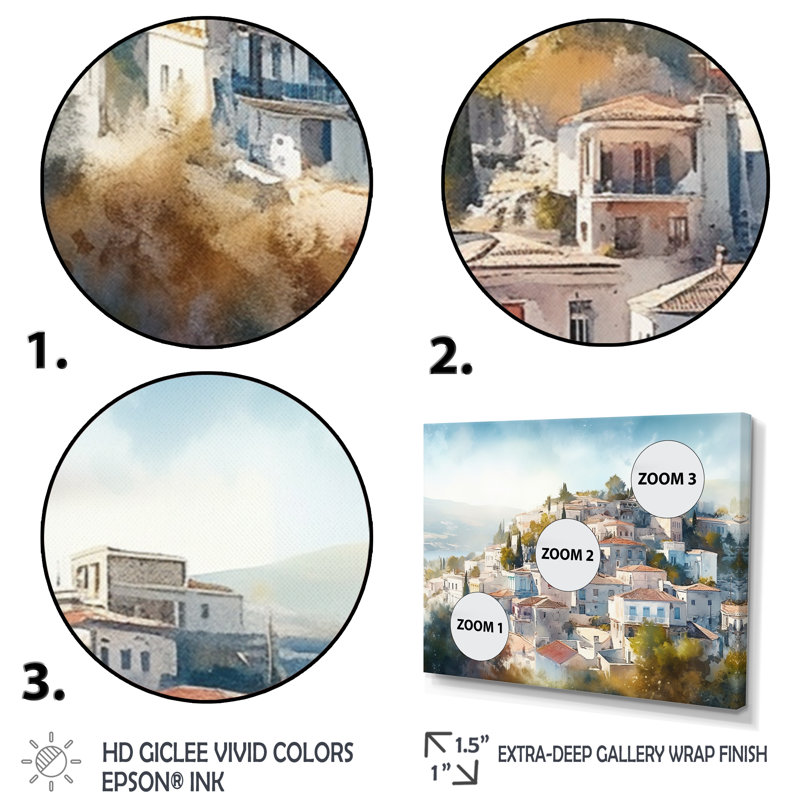 «White and Green Small Town In Grèce», reproduction sur toile encadrée, Cadre simple noir, H 16 po x l 32 po x P 1 po