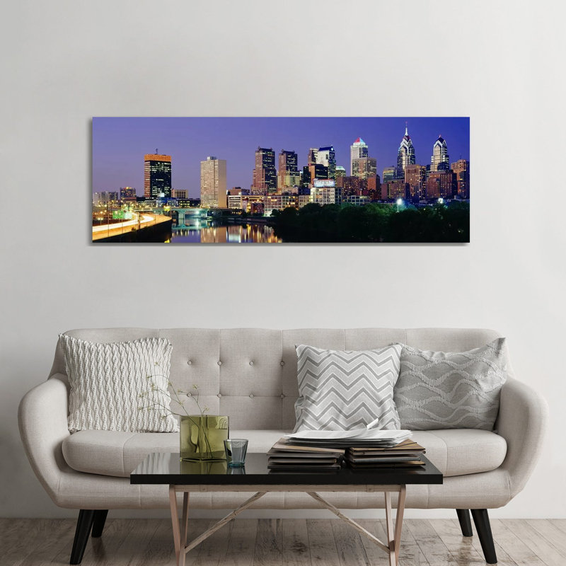 US, Pennsylvania, Philadelphia Skyline, Night 1 Piece Wrapped Canvas Panoramic Wall Art, 182.88 cm H x 60.96 cm W