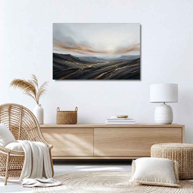 Tableau sur toile « Collines sombres aux veines dorées et au soleil pâle », H 24 po x l 36 po