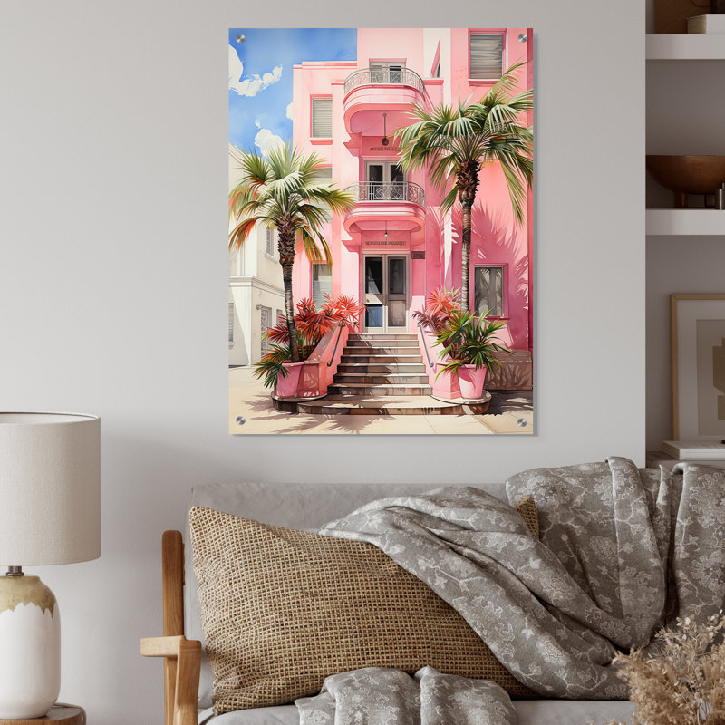«Pink Miami Artful Facades II», art mural en acrylique de Miami pour le salon, H 20 po x l 12 po