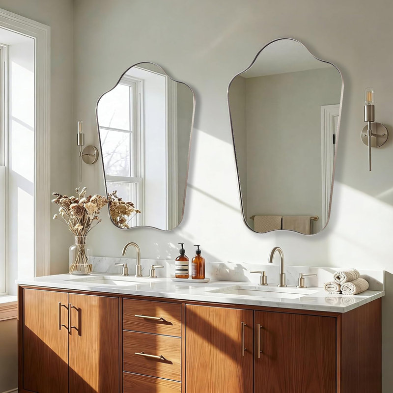 Contemporary Dual Arch Scalloped Bathroom Vanity Mirror | Stainless Steel Frame, Brushed Nickel, 36" x 24"