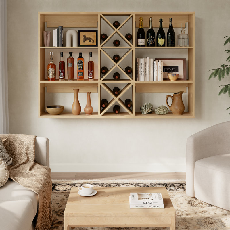 Support à vin mural en bois avec casiers en X et tablettes ouvertes