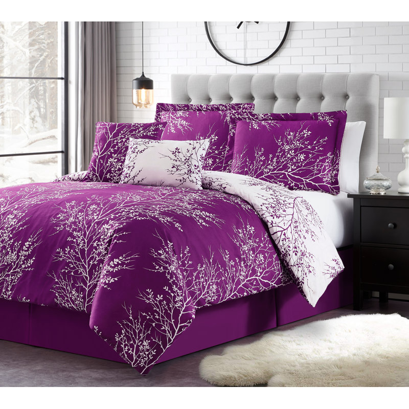 Foliage Reversible Comforter Set, Purple/White, Twin Comforter Set + 4 Additional Pieces