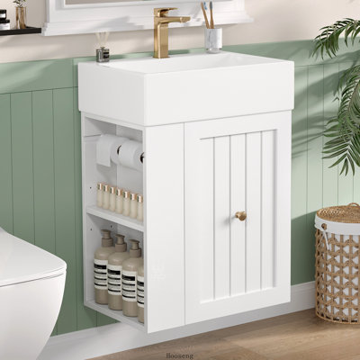Meuble-lavabo autoportant de 20 po avec comptoir en céramique, meuble-lavabo en MDF avec tiroir, tablette latérale et poignées en métal doré