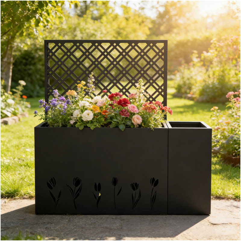 2-Piece Metal Planter Box With Trellis - 23.6In Depth Raised Garden Bed For Outdoor Indoor Use, Rust-Resistant Galvanized Steel Flower Planter With Drainage Holes, Tulip Black