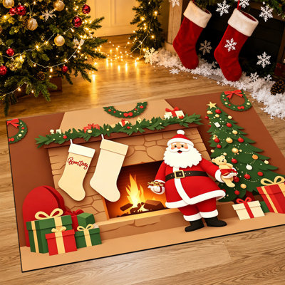 Non-Slip Indoor Outdoor Christmas Door Mat, 24"x36",Red Fireplace Bear Santa