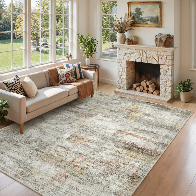Washable Distressed Persian Rug, Rectangle 5' x 7', Gray/Rust