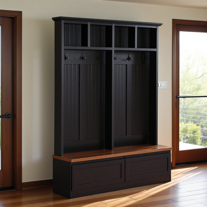 Farmhouse 4-in-1 Hall Tree With Wood Grain Bench, Mudroom Versatile Coat Rack With 2 Large Drawer, Entrance Organizer For Hallway, Living Room, Black, 55.9"w