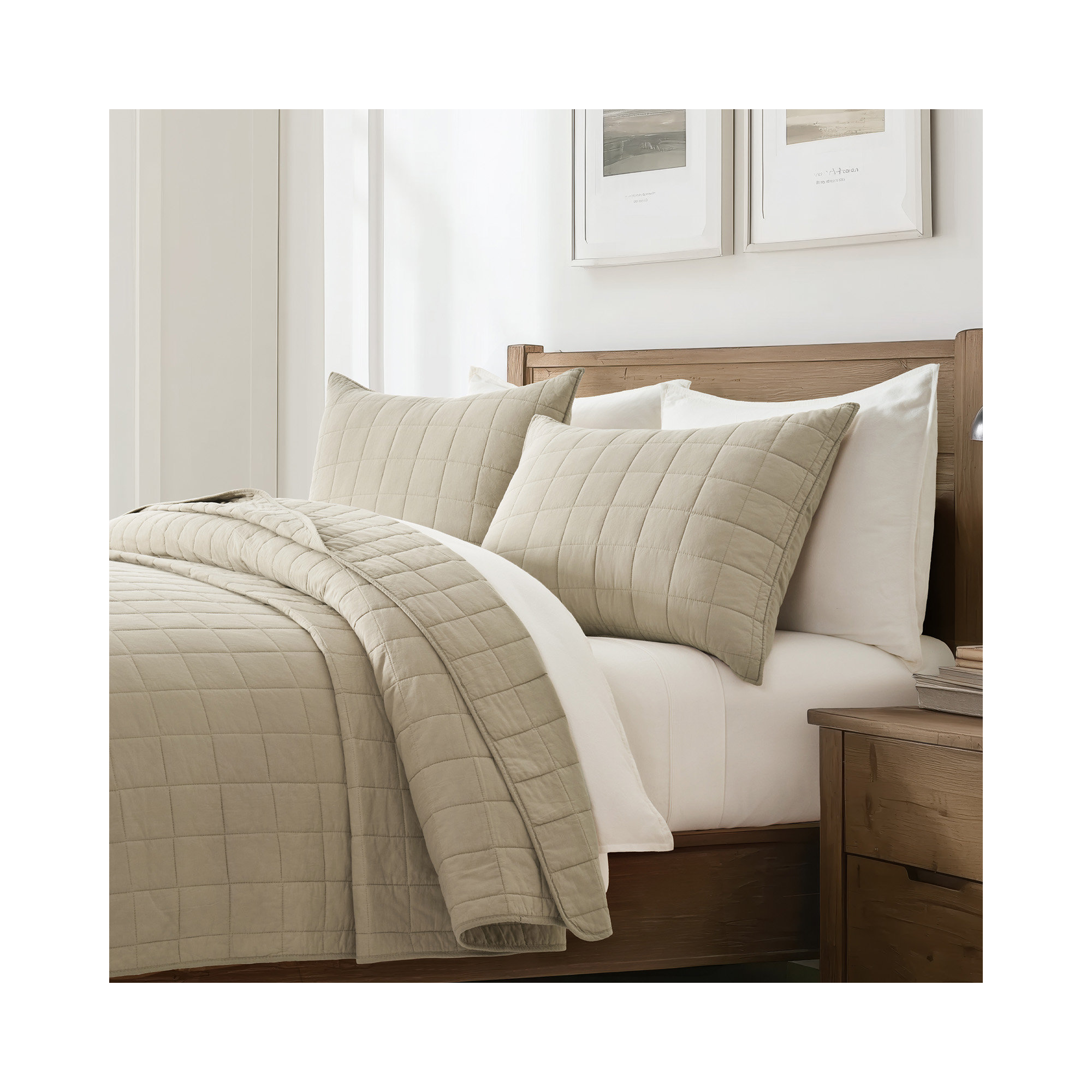 100% Cotton Box Stitch Quilt Set, Khaki Tan, Queen Quilt + 2 Queen Shams