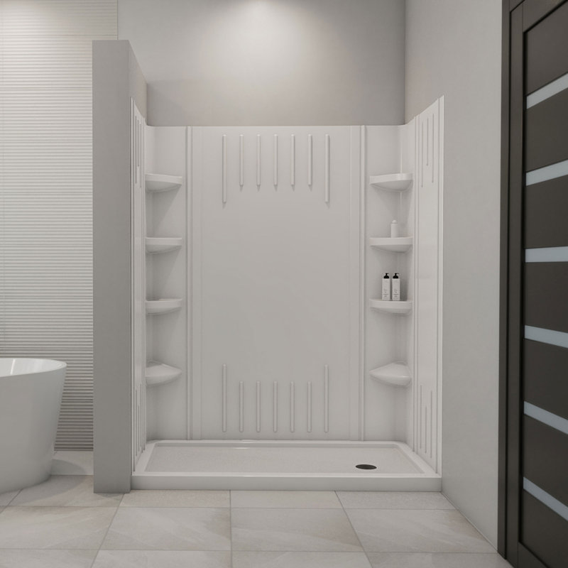 White Acrylic Square Alcove Shower Kit with Shelves