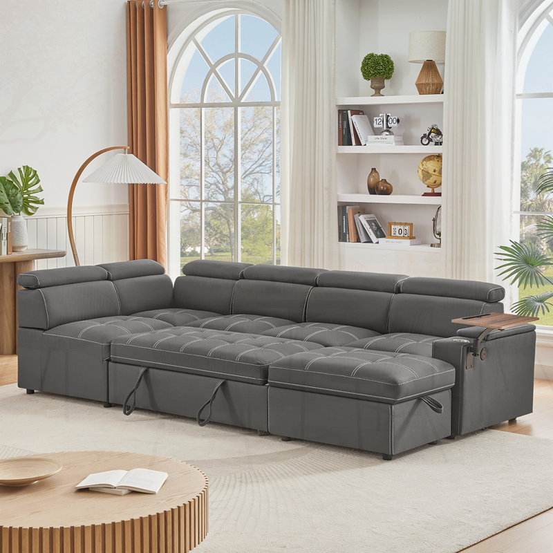 Canapé modulaire en tissu avec repose-pieds, Tissu gris