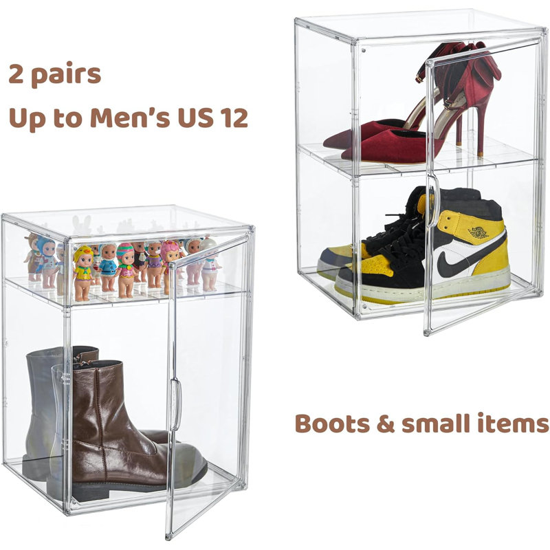 XXX-Large Clear Acrylic Display Case Boot Shoe Storage Boxes With An Adjustable Divider,2 Pack 2 Tiers Clear Plastic Stackable Storage Bins With Lids Big Display Acrylic Box With Magnetic Door