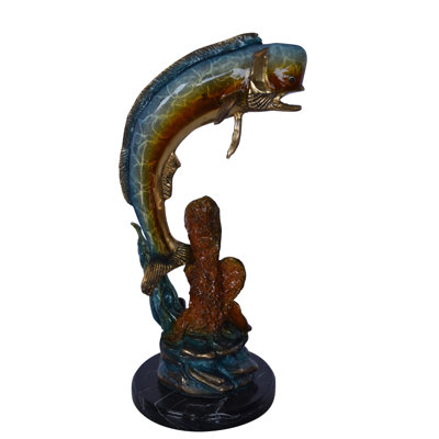 Statue Dorado ou Mahi Mahi avec corail en bronze - Taille: L 5 po x l 10 po x H 19 po