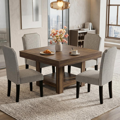 Square Dining Table for 4‑6 People, Heavy‑Duty 350‑Lb Kitchen Table with 2‑Tier Storage, Waterproof Wooden Dinner Table, Sturdy Triangle Support Legs