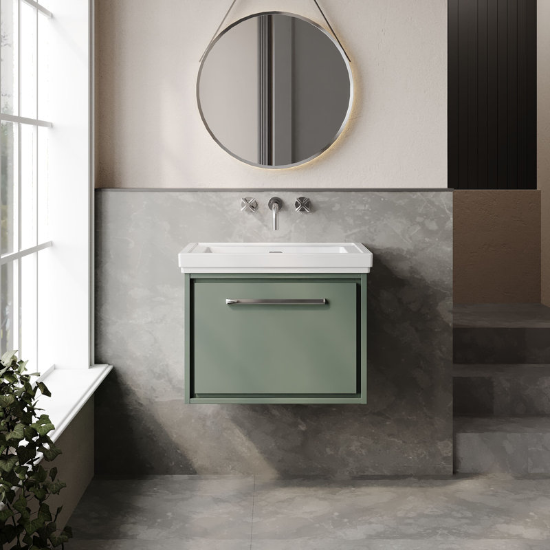 Hudson Reed Lille 600mm Fern Green 1 Drawer  Wall Hung Vanity Unit With Fireclay Basin, Fern Green, 63cm W
