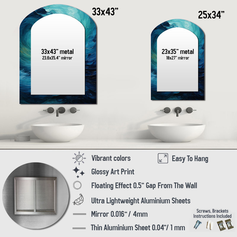 Turquoise bleu et blanc Serenity Swirl II - grand miroir mural arqué sur métal, 34 po x 25 po