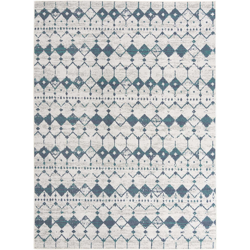 Tapis intérieur / extérieur ivoire / bleu Southwestern, Rectangle 9 pi x 12 pi
