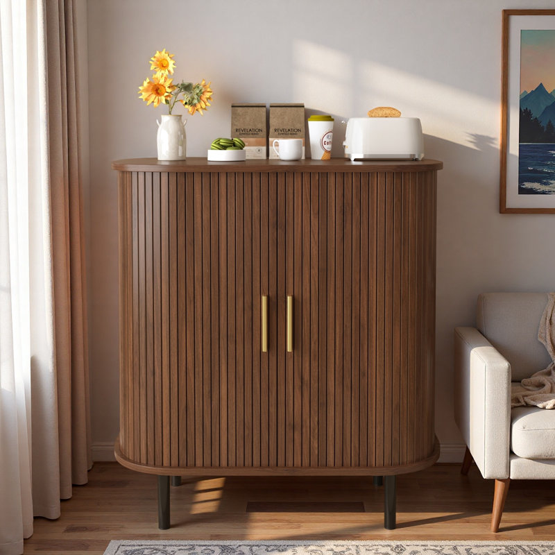 Fluted Wine Bar Cabinet With 8-grid Wine Rack, 5-level Adjustable Shelves, 2 Glass Holders, 4 Hidden Storage Space And Sliding Doors