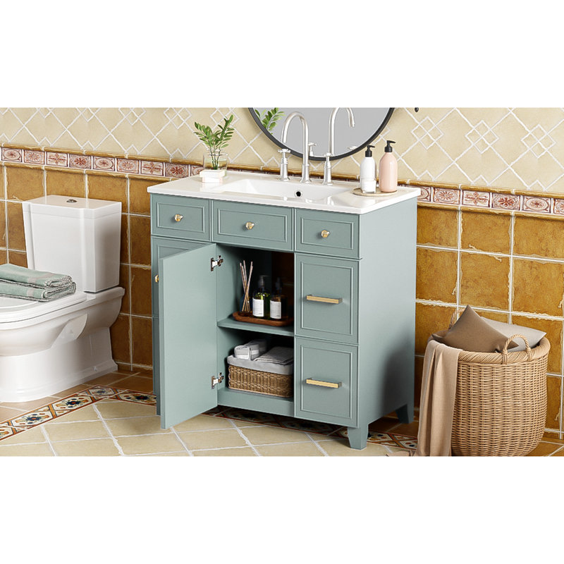 Meuble-lavabo 36 po avec lavabo en céramique, bois massif, 3 tiroirs, fermeture en douceur
