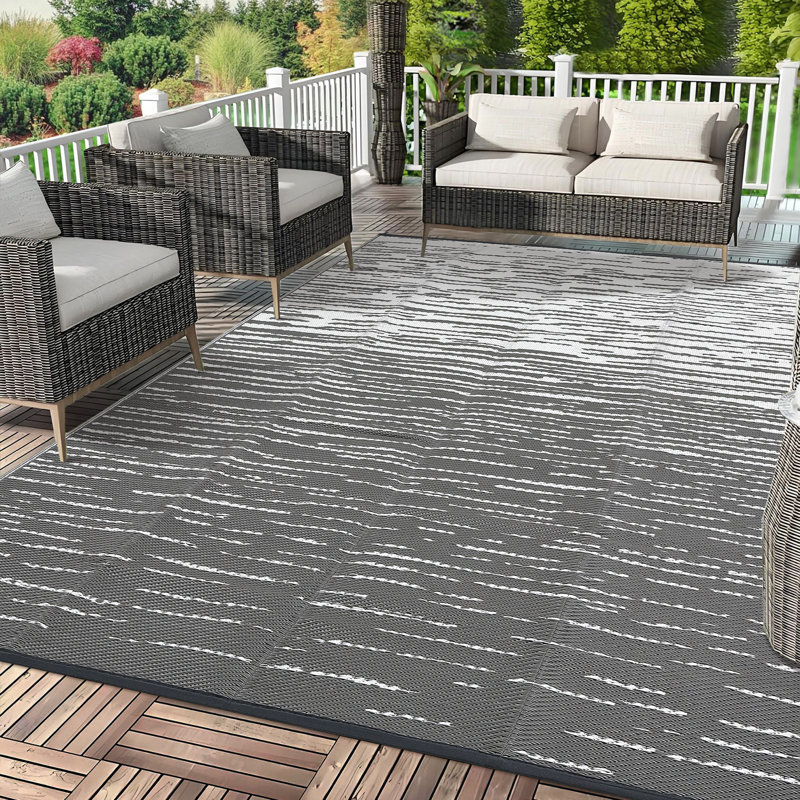 Neutral Striped Outdoor Rug 5' x 8' Waterproof Plastic Straw, Reversible UV-Resistant Design with Portable Bag for Patio, RV Camping and Backyard Use