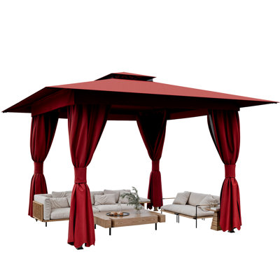 Pavillon de jardin à toit souple de 10 pi x 10 pi, pavillon de jardin d'extérieur robuste avec double toit, protection contre les rayons UV et rideaux - idéal pour le patio, la terrasse, la pelouse et la cour arrière, rouge vin