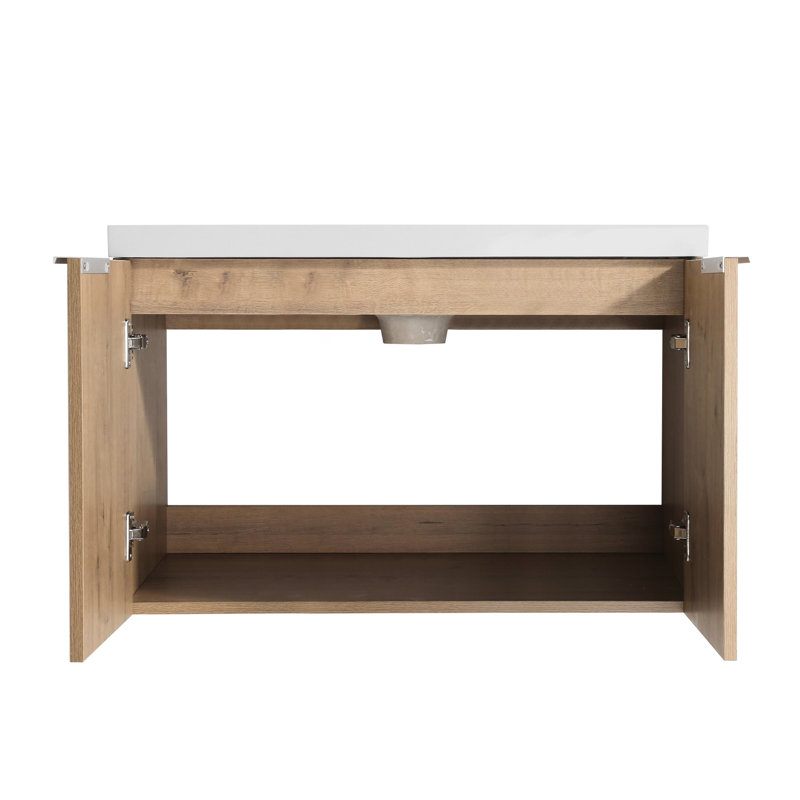 Meuble-lavabo de 30 po avec lavabo en résine - tablette ouverte, portes à fermeture douce, rangement moderne et spacieux, poignée imitation chêne de 30 po, fermeture