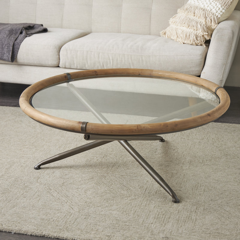 Cole And Grey Round Coffee Table With Brown Wooden Framed Glass Tabletop
