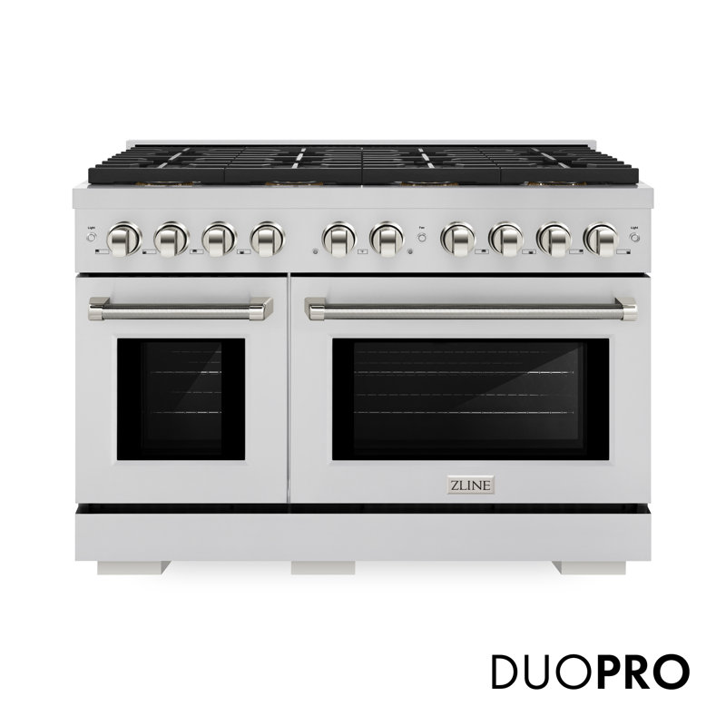 ZLINE Autograph 48 in. Paramount DuoPro Dual Fuel Range in Stainless Steel with Nickel Helix Handles, Polished Nickel
