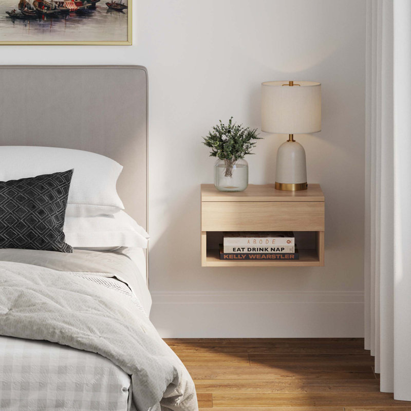 Modern Floating Bedroom Nightstand with Storage Drawer and Open Shelf Cubby, Light Oak