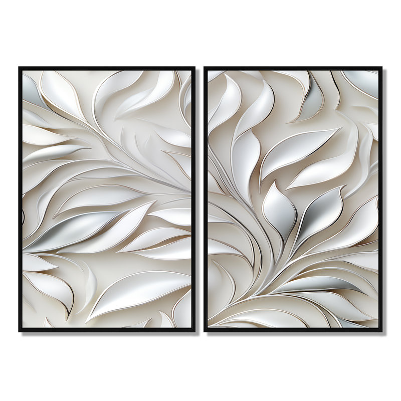 Abstrait argent et motif de fleurs blanches - Art mural sur toile blanche, Noir, H 36 po x l 48 po