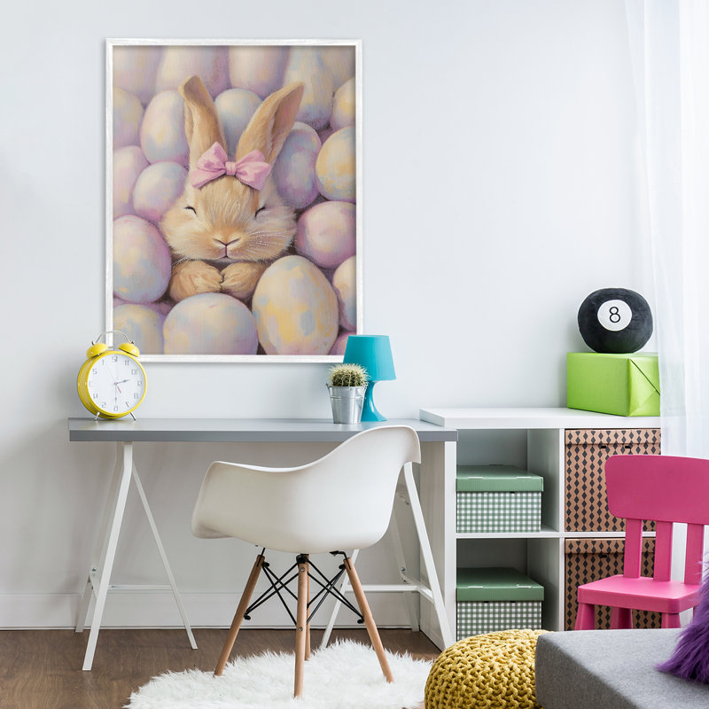Easter Bunny Nestled in Eggs Framed Giclee, design by The Prints Vibe, 30 x 24, Coastal White Giclee Framed