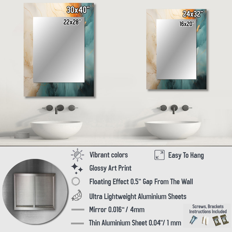 Grand miroir mural bleu sarcelle «V» Damas, 32 po x 24 po