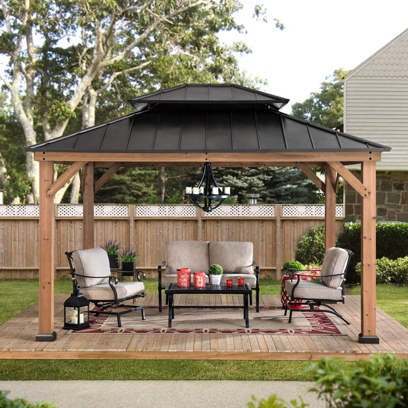 Sunjoy 11 x 13 ft. Outdoor Patio Cedar Framed Gazebo with Black Double Steel Hardtop Roof for Garden, Backyard Shade