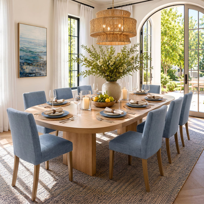 Chaise de salle à manger rembourrée en lin 18,5 po (ensemble de 8), Mélange de lin bleu
