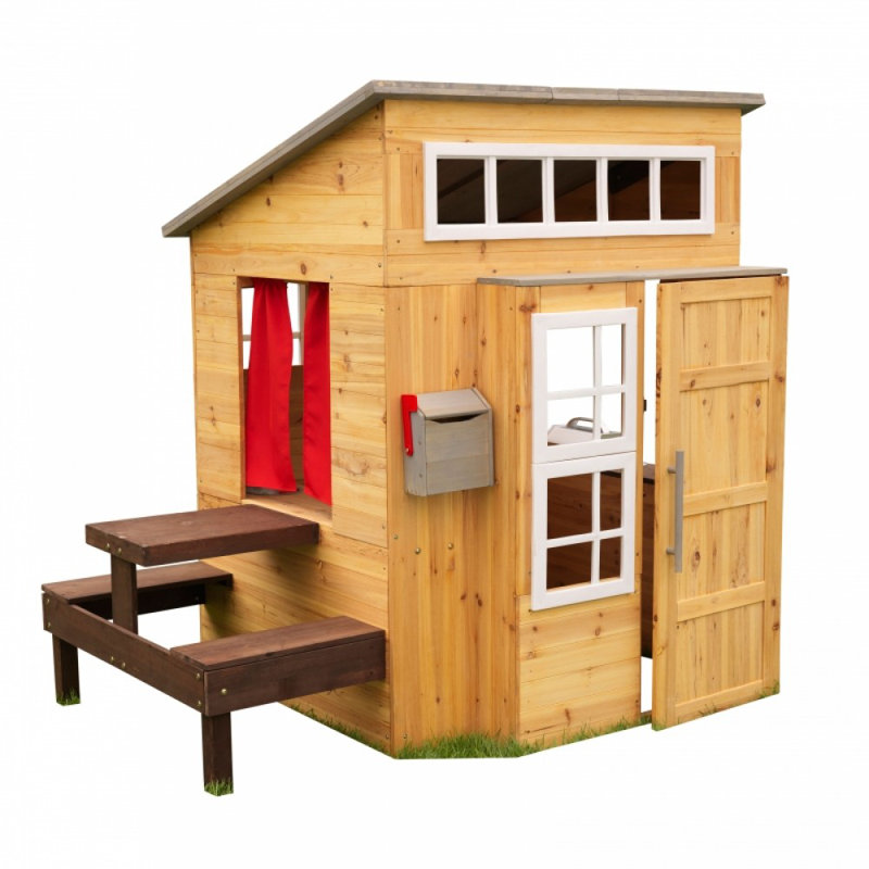 Modern Outdoor Wooden Playhouse with Picnic Table, Mailbox and Outdoor Grill - Natural