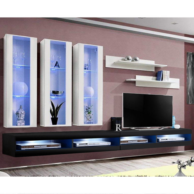 Meuble audio-vidéo mural flottant avec éclairage à DEL 16 couleurs Flye, Blanc / Noir