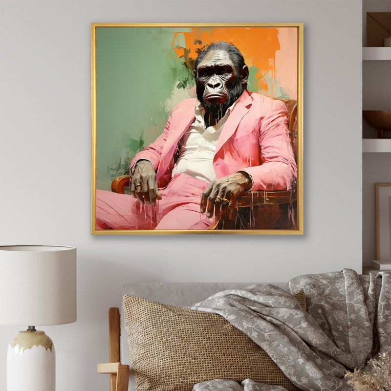 Rose et noir, premier costume de gorille - art mural gorille, H 36 po x l 36 po x P 1,5 po, Cadre flottant doré