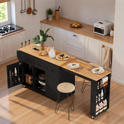 Rolling Kitchen Island With Extendable Dining Table, Charging Station, Three-tier Open Side Storage Rack, 3 Drawers And 2 Storage Cabinets