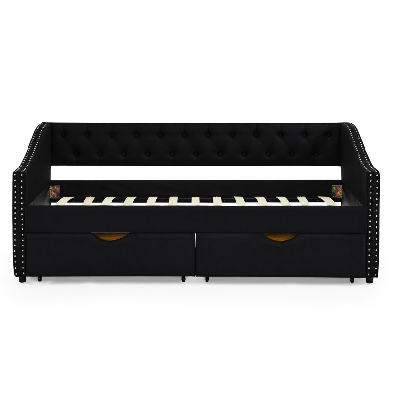 Daybed With Drawers Upholstered Tufted Sofa Bed, With Button On Back And Copper Nail On Waved Shape Arms, Twin, Black