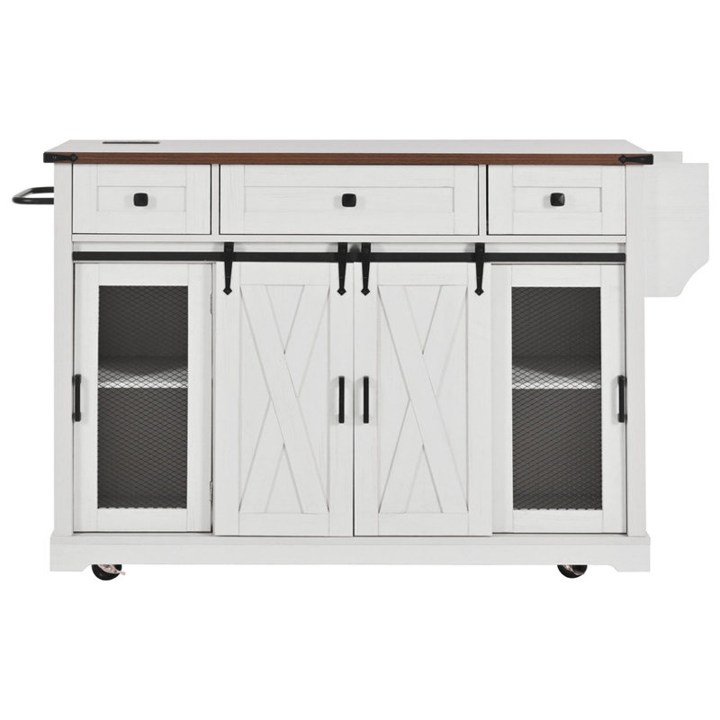 Îlot de cuisine de 58 po avec portes de grange coulissantes, abattant, station de charge et roulettes, table d'îlot rustique avec beaucoup de rangement et portes en métal