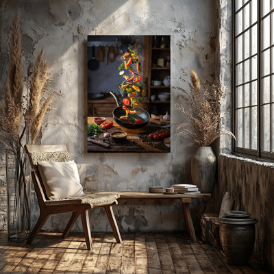 Canvas A Vibrant Kitchen Scene Captures An Explosion Of Colorful Vegetables Wall Art Tender Chicken Pieces And Aromatic Herbs Canvas Wall Art