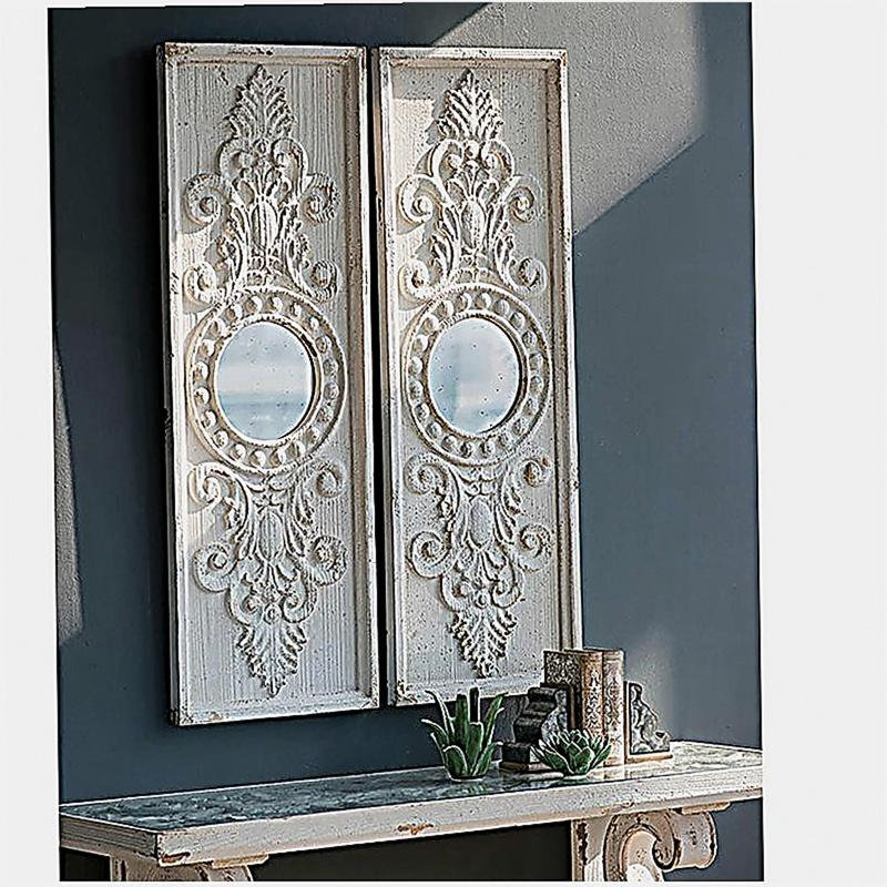 2 ensembles de grands panneaux de décoration murale en bois, avec une finition de peinture blanche usée et des accents de miroir circulaire, taille 17 po x 48 po