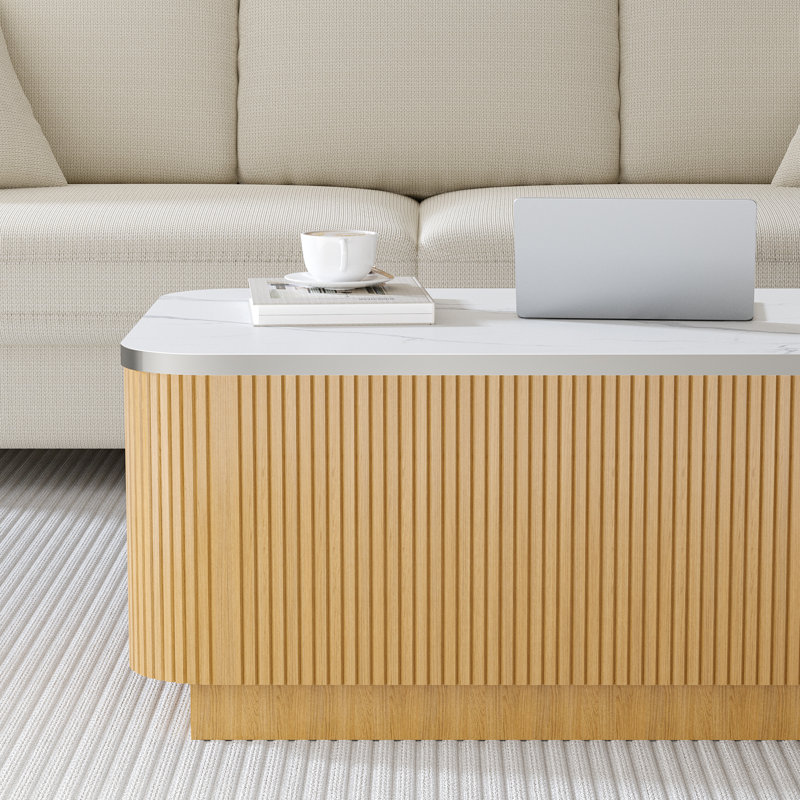 Table basse de rangement cannelée moderne avec plateau en faux marbre 39,4 ", Chêne