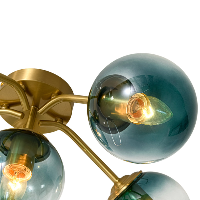 Bubble Blue Glass Sputnik Semi Flush Chandelier in Brass Finish